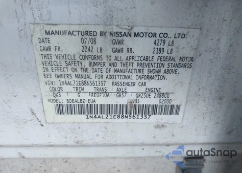 2008 Nissan Altima 2.5 S z USA, uszkodzony, nr VIN 1N4AL21E88N561357